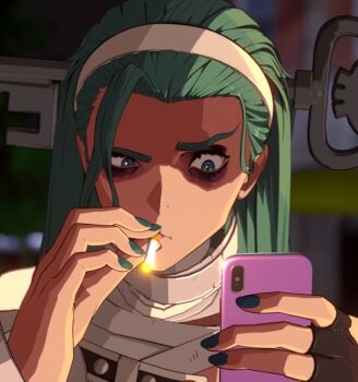 1girl 3d a.b.a aqua_hair aqua_nails bags_under_eyes bandages bangs_pinned_back black_eyeshadow blue_eyes blue_nails brown_gloves cellphone cigarette commentary english_commentary eyeshadow fingerless_gloves gloves green_hair guilty_gear guilty_gear_strive hairband holding holding_cigarette holding_phone key_in_head looking_at_phone looking_at_screen makeup multicolored_nails object_through_head outdoors parted_lips phone phone_request portrait raised_eyebrow sateka single_hair_curtain smartphone smoking solo white_hairband wide-eyed