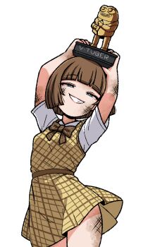 Rule 34 | 1girl, arms up, bare arms, bare legs, blue eyes, bow, bowtie, brown bow, brown bowtie, brown hair, cowboy shot, dress, genderswap, genderswap (mtf), grin, half-closed eyes, holding, holding trophy, ink (inksgirls), looking at viewer, original, pepe the frog, personification, pinafore dress, plaid bow, plaid bowtie, plaid clothes, plaid dress, shirt, short hair, short sleeves, simple background, sleeveless, sleeveless dress, smile, solo, soot, the streamer awards, theburntpeanut, trophy, virtual youtuber, white background, white shirt, yellow dress