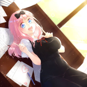 Rule 34 | 1girl, artist name, black bow, black dress, blue eyes, blunt bangs, bow, breasts, catbell413, commentary request, covered navel, cowboy shot, dress, fujiwara chika, hair bow, heart, index fingers raised, kaguya-sama wa kokurasetai ~tensai-tachi no renai zunousen~, large breasts, long hair, looking at viewer, lying, neck ribbon, on back, open mouth, paper, pen, pinafore dress, pink hair, red ribbon, ribbon, school uniform, shirt, shuuchiin academy school uniform, sleeveless, sleeveless dress, solo, summer uniform, white shirt