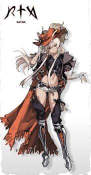 Rule 34 | 1girl, absurdres, bandages, belt, black shirt, black thighhighs, boots, cape, closed mouth, commentary request, crop top, full body, grey jacket, hand on headwear, hat, highres, jacket, knee boots, long hair, looking at viewer, micro shorts, midriff, navel, open clothes, open jacket, original, red cape, red eyes, red hat, shirt, shisantian, shorts, simple background, smile, solo, stomach, thighhighs, thighs, white background, white hair, white shorts