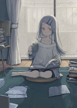 1girl absurdres book book_on_lap book_stack carpet chair closed_mouth coffee_mug collarbone colored_eyelashes commentary_request computer cup curtains full_body gakuen_idolmaster grey_hair hair_ornament hairclip hand_up highres holding holding_book holding_cup idolmaster indoors k6tetsu laptop long_hair looking_to_the_side mug off-shoulder_shirt off_shoulder on_floor orange_eyes paper parallel_hairclips parted_bangs pencil railing rain shinosawa_hiro shirt sitting solo spaghetti_strap swept_bangs thighhighs white_shirt window yokozuwari