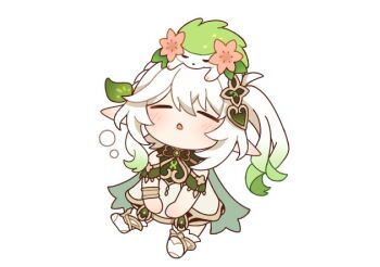 1girl :o blush chibi chibi_only closed_eyes commentary_request dress full_body gen_4_pokemon genshin_impact gold_trim gradient_hair green_hair hair_between_eyes hair_ornament head_back kurumi_dangoo leaf_hair_ornament legendary_pokemon long_hair multicolored_hair mythical_pokemon nahida_(genshin_impact) nintendo on_head pointy_ears pokemon pokemon_(creature) pokemon_on_head shaymin shaymin_(land) side_ponytail simple_background sitting solo white_background white_dress white_hair