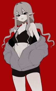 Rule 34 | 1girl, absurdres, anemoneeanemone, bare legs, bare shoulders, black bra, black eyes, black shorts, borrowed character, bra, collarbone, cowboy shot, double-parted bangs, grey hair, hair between eyes, hair intakes, hair ornament, hair scrunchie, hands in pockets, highres, jacket, long hair, looking at viewer, low twintails, mavie (justadrian), mole, mole on thigh, mole under eye, mole under mouth, navel, off shoulder, open clothes, open jacket, original, parted lips, partially unzipped, pointy ears, red background, red scrunchie, scrunchie, short shorts, shorts, sidelocks, simple background, solo, twintails, underwear