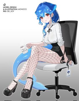 1girl artist_name bao_the_whale bao_the_whale_(office_lady) black_shoes black_skirt blue_hair blue_nails blush cetacean_tail chair coffee_mug corrupted_twitter_file cup fins fish_tail fishnets high-waist_skirt high_heels highres holding holding_cup indie_virtual_youtuber lanyard long_hair low_ponytail monoco55 mug name_tag office_chair office_lady official_alternate_costume official_art ponytail red_eyes shirt shoes skirt swivel_chair tail unworn_lanyard virtual_youtuber whale_girl white_shirt
