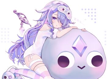 1girl chemise commentary detached_wings english_commentary fur_thigh_strap gem hair_flaps hand_jewel highres hololive hololive_english hug jewel_under_eye koseki_bijou koseki_bijou_(pebble_pajamas) long_hair looking_at_viewer mask multicolored_hair pebble_(koseki_bijou) pochaimo purple_eyes purple_gem purple_hair purple_thighhighs shirt sleep_mask slippers solo striped_clothes striped_thighhighs thighhighs virtual_youtuber white_background white_chemise white_thighhighs wings