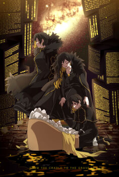 Rule 34 | 4girls, age progression, baby, bbunny, binah (project moon), black bow, black bowtie, black cape, black capelet, black dress, black eyes, black footwear, black hair, black sailor collar, blonde hair, boots, bow, bowtie, breasts, cape, capelet, closed eyes, coat, colored inner hair, cradle, dress, earrings, expressionless, frilled dress, frills, fur-trimmed coat, fur trim, galaxy, highres, jewelry, kneeling, large breasts, library of ruina, lobotomy corporation, long hair, looking at viewer, monolith (object), multicolored hair, multiple girls, open mouth, project moon, sailor collar, short hair, smile, wooden floor