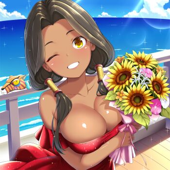 1girl beach blush boardwalk bouquet breasts brown_eyes brown_hair cleavage cloud cloudy_sky collarbone commentary_request dark-skinned_female dark_skin dress fence flower hair_intakes highres holding holding_bouquet horizon large_breasts leaf lens_flare light_rays long_hair looking_at_viewer low-tied_long_hair low_twintails matsuri_(senran_kagura) namanama12ruiji native_american ocean one_eye_closed pink_flower red_dress senran_kagura senran_kagura_new_wave shiny_skin sky smile solo sparkle sunbeam sunflower sunlight teeth tiger_mask_(object) twintails water white_flower wooden_fence yellow_flower