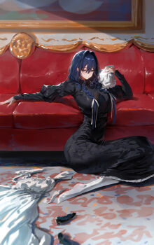 1girl absurdres apron black_dress blue_hair blush breasts closed_mouth couch dress full_body highres holding hololive hololive_english large_breasts long_hair long_sleeves ouro_kronii ouro_kronii_(maid) rororo shoes sitting solo twintails unworn_apron unworn_shoes virtual_youtuber white_apron