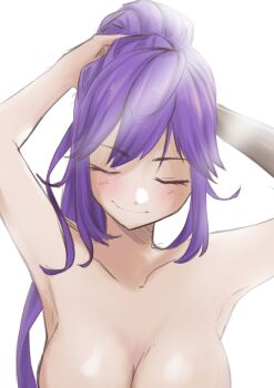 1girl absurdres alternate_hairstyle armpits arms_behind_head arms_up artistic_error asymmetrical_arms breasts cleavage closed_eyes closed_mouth commentary double-parted_bangs english_commentary facing_viewer fang hairdressing hatching_(texture) high_ponytail highres holding holding_own_hair large_breasts light_blush light_rays linear_hatching long_hair nijisanji nijisanji_en no_wings nude out-of-frame_censoring ponytail purple_hair selen_tatsuki sidelighting sidelocks simple_background sketch skin_fang smile solo tying_hair upper_body virtual_youtuber white_background yarashi_thought