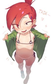 1girl absurdres aged_down animal_print bikini black_eyes blue_shoes blush breasts collarbone cow_print cow_print_bikini ear_piercing earrings eyebrows eyelashes female_focus flashing foster&#039;s_home_for_imaginary_friends frankie_foster from_above full_body green_jacket heart highres jacket jewelry loffo loli looking_at_viewer looking_up navel open_clothes open_jacket open_mouth opened_by_self piercing ponytail presenting print_bikini red_hair shoes short_hair short_ponytail side-tie_bikini_bottom simple_background small_breasts smile sneakers solo standing swimsuit teeth thighhighs white_background white_thighhighs