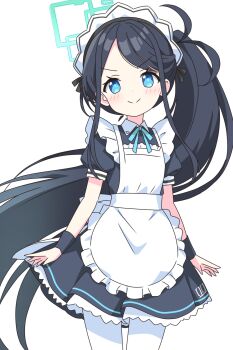 1girl apron aris_(blue_archive) aris_(maid)_(blue_archive) black_dress black_hair blue_archive blue_eyes blue_pantyhose blue_ribbon blush closed_mouth commentary_request cowboy_shot dot_nose dress frilled_apron frilled_dress frills green_halo halo highres kotatsu-mazoku long_hair looking_at_viewer maid maid_headdress neck_ribbon pantyhose parted_bangs ribbon short_sleeves side_ponytail simple_background smile solo v-shaped_eyebrows white_apron white_background