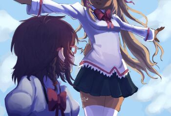 1girl 1other akemi_homura akemi_homura_(cosplay) black_skirt blonde_hair bow bowtie braid brown_fur brown_hair collared_shirt commentary cosplay deltarune english_commentary foxtailedfennec furry furry_female glasses highres kaname_madoka kaname_madoka_(cosplay) kris_(deltarune) long_hair long_sleeves mahou_shoujo_madoka_magica medium_hair mitakihara_school_uniform noelle_holiday outstretched_arms red-framed_eyewear red_bow red_bowtie school_uniform shirt skirt smile spread_arms sweater thighhighs utdr_(toby_fox) very_long_hair white_shirt white_thighhighs