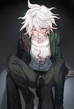 Rule 34 | 2boys, bdsm, black background, black pants, black shoes, blush, cbt, chinese commentary, collarbone, commentary request, cyacyacyacyaki, danganronpa (series), danganronpa 2: goodbye despair, drawstring, green jacket, green pants, grey eyes, hair between eyes, heavy breathing, highres, hood, hood down, hooded jacket, jacket, kamukura izuru, komaeda nagito, long bangs, long sleeves, male focus, multiple boys, one eye closed, open clothes, open jacket, open mouth, pants, shirt, shoes, short hair, sitting, stepped on, steppee focus, trembling, white hair, white shirt, yaoi