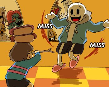 2girls 3boys 3others against_window alphys black_shorts bob_cut brown_hair buck_teeth burgerpants checkered_floor commentary food food_on_head frisk_(undertale) furry gameplay_mechanics ghost glasses hat hood hoodie horns hot_dog mettaton mettaton_(box) monster_girl monster_kid_(undertale) multiple_boys multiple_girls multiple_others napstablook object_on_head pac-man_eyes pink_slippers ponytail sans_(undertale) sharp_teeth shorts shrugging skeleton slippers spoilers stick striped_clothes striped_sweater sweater teeth tongue tongue_out top_hat toriel undertale undyne utdr_(toby_fox)