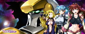 1boy 3girls armor blonde_hair blue_eyes blue_hair blush breasts center_opening collarbone copyright_name covered_erect_nipples crop_top dita_liebely glowing glowing_eye hibiki_tokai highres id_card jazz_jack jura_basil_elden logo long_hair looking_up mecha medium_breasts meia_gisborn midriff multiple_girls navel one_eye_closed open_mouth red_hair robot science_fiction short_hair smile space vandread vanguard_(vandread)