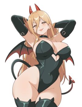 &gt;:p 1girl absurdres alternate_costume arms_behind_head black_choker black_gloves black_leotard black_thighhighs blonde_hair breasts chainsaw_man choker clothing_cutout covered_navel cowboy_shot demon_tail demon_wings elbow_gloves gloves halloween_costume heart_cutout highres horns large_breasts leotard long_hair looking_at_viewer pink_eyes power_(chainsaw_man) red_horns second-party_source simple_background solo strapless strapless_leotard tail thighhighs tongue tongue_out transparent_background vizaz wings