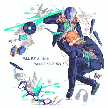 2boys aoyagi_touya bird covered_face faceless hand_in_own_hair headphones highres lap_pillow long_sleeves looking_at_viewer male_focus microphone multicolored_hair multiple_boys necktie orange_hair paper project_sekai shinonome_akito white_background yymitoyoyo