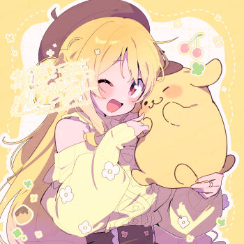 1girl ;3 ;d bare_shoulders beret blonde_hair blush border brown_hat cherry closed_mouth commentary_request dot_nose dotted_line food fruit grid_background hat long_hair long_sleeves looking_at_viewer magia_record:_mahou_shoujo_madoka_magica_gaiden mahou_shoujo_madoka_magica off-shoulder_sweater off_shoulder one_eye_closed open_mouth outside_border pompompurin red_eyes sanrio serizawa_serizane sleeves_past_wrists smile sweater togame_momoko upper_body watermark white_background yellow_border