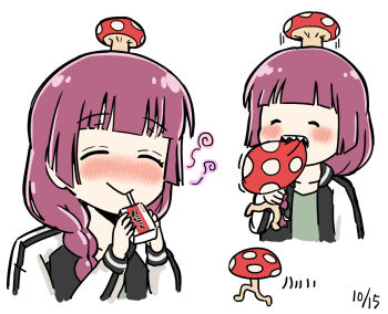 1girl :&gt; ^_^ alcohol_carton black_jacket blunt_bangs bocchi_the_rock! bow braid closed_eyes closed_mouth collarbone crossover drinking drinking_straw eating fly_agaric green_bow hair_bow hair_over_shoulder hand_up hands_up hiroi_kikuri holding_carton jacket long_hair long_sleeves low-braided_long_hair low-tied_long_hair mother_(series) motion_lines multicolored_jacket mushroom mushroom_on_head nintendo open_clothes open_jacket open_mouth pink_hair ramblin&#039;_evil_mushroom sharp_teeth simple_background smile teeth torako_(toramaru) two-tone_jacket white_background white_jacket