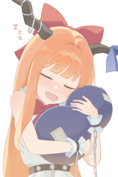 Rule 34 | 1girl, absurdres, bare shoulders, blush, bow, bowtie, closed eyes, drooling, fang, gourd, highres, holding, holding gourd, horn ornament, horn ribbon, horns, ibuki suika, long hair, mouth drool, open mouth, orange hair, palulap, red bow, red bowtie, ribbon, shirt, sleeping, sleeveless, sleeveless shirt, solo, touhou, upper body, white background, white shirt, wrist cuffs, zzz