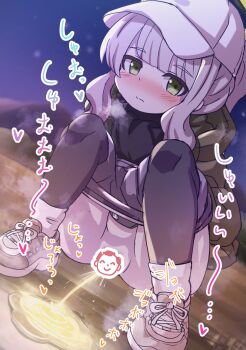 1girl blue_archive blush censored character_censor clothes_pull doodle_sensei_(blue_archive) green_eyes halo hare_(blue_archive) hare_(camp)_(blue_archive) hat hayasaka_(neoneet) highres jacket loli novelty_censor pantyhose pee peeing ponytail sensei_(blue_archive) shoes shorts shorts_pull squatting