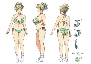 1girl ass bikini blonde_hair blush boku_to_misaki-sensei breasts butt_crack reference_sheet choker dora_satou female_focus front-tie_bikini_top front-tie_top full_body glasses green_eyes hairband huge_breasts jewelry misaki-sensei navel production_art side-tie_bikini_bottom socks solo standing string_bikini striped_bikini striped_clothes swimsuit takami_akio thigh_gap white_socks