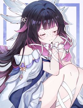 1girl black_hair bow closed_eyes closed_mouth columbina_(genshin_impact) commentary_request dress eye_mask genshin_impact hair_ribbon head_wings highres kuro774_n light_smile long_hair mask multicolored_hair pink_hair ribbon see-through_clothes see-through_mask solo two-tone_hair white_bow white_dress white_ribbon white_wings wings