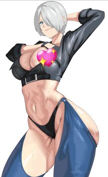 1girl angel_(kof) backless_pants blue_eyes bra breasts chaps cleavage crop_top cropped_jacket fingerless_gloves gloves hair_over_one_eye highres jacket large_breasts leather leather_jacket looking_at_viewer midriff navel octavius_(octavius_dp) panties pants short_hair smile snk solo strapless strapless_bra the_king_of_fighters the_king_of_fighters_xiv toned toned_female underwear white_hair