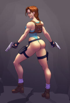 1girl ass curvy dual_wielding full_body gun highres holding huge_ass image_sample jiggeh lara_croft one-piece_swimsuit one-piece_thong pixiv_sample swimsuit tomb_raider weapon