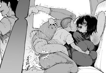 1boy 1girl age_difference ahemaru breasts cleavage huge_breasts kiss large_breasts naughty_face sex shota smile vaginal