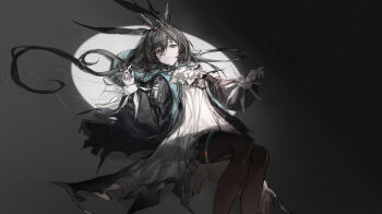 1girl absurdres amiya_(arknights) amiya_(medic)_(arknights) animal_ears arknights ascot black_jacket blue_eyes brown_hair chinese_commentary commentary_request dress frilled_ascot frills from_above highres hood hooded_jacket jacket jewelry long_hair lying multiple_rings on_back one_eye_closed pantyhose qingfeng_canying rabbit_ears rabbit_girl rhodes_island_logo_(arknights) ring solo spotlight thigh_strap thumb_ring torn_clothes torn_dress white_ascot white_dress