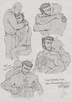 ... 2boys abs absurdres arms_around_neck azuko_(@zuco) bald beard blush chest_hair closed_eyes closed_mouth commentary couple deadpool deadpool_&amp;_wolverine deadpool_(series) english_commentary english_text facial_hair flying_sweatdrops full-face_blush hairy hand_hair highres implied_nudity kiss kissing_head kissing_shoulder large_pectorals long_sleeves looking_at_another male_focus marvel marvel mature_male multiple_boys muscular nipple_stimulation nipple_tweak pants pectoral_grab pectorals scar scars_all_over short_hair sitting spoken_ellipsis tank_top too_many wolverine_(x-men) x-men yaoi