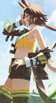 1girl animal_ears black_boots black_jacket black_shorts blue_sky blush boots breasts brown_eyes brown_hair cloud crop_top cropped_shirt ear_ornament hair_over_one_eye highres horse_ears horse_girl horse_tail jacket jacket_partially_removed long_hair long_sleeves midriff multicolored_hair navel ningen_gokko open_mouth outdoors parted_lips ponytail shirt shorts single_bare_shoulder sky sleeveless sleeveless_shirt solo sweat tail thigh_boots umamusume vodka_(umamusume) vodka_(wild_top_gear)_(umamusume) white_hair yellow_shirt