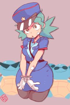 1girl aqua_hair bandages belt black_pantyhose blue_headwear blue_shirt blue_skirt blush breasts brown_eyes closed_mouth commentary_request cropped_legs cuffs female_focus gen_1_pokemon gloves hair_tie handcuffs happy hat jenny_(pokemon) jpeg_artifacts light_blush medium_breasts miniskirt nintendo open_mouth pantyhose pencil_skirt pokemon pokemon_(anime) pokemon_(classic_anime) pokemon_(creature) police police_hat police_uniform policewoman shirt short_hair short_sleeves simple_background skirt smile solo_focus squirtle squirtle_squad standing star_(symbol) starmilk sunglasses triangular_eyewear white_gloves