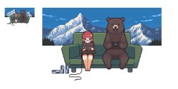 1girl animal animated arcade_stick bear black_hoodie can controller couch dualshock game_controller gamepad glasses hood hoodie joystick looping_animation mountain omunikin original pixel_art playing_games playstation_controller red_bull red_hair sitting video