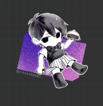 Rule 34 | 1boy, alternate costume, antenna hair, artist name, black bow, black bowtie, black eyes, black hair, black socks, black sweater vest, bow, bowtie, chibi, chibi only, closed mouth, colored skin, commentary, double-parted bangs, food, full body, hair between eyes, highres, holding, holding knife, holding plate, knife, looking at viewer, male focus, nikusakana0, omori, omori (omori), plate, short hair, short sleeves, shorts, socks, solo, steak, striped clothes, striped shorts, sweater vest, twitter username, untranslatable commentary, vertical-striped clothes, vertical-striped shorts, white shorts, white skin