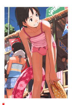 5girls bikini black_eyes black_hair flat_chest flip-flops from_behind highres innertube leaning_forward multiple_girls original sandals short_hair skirt smile swim_ring swimsuit takamichi tank_top tankini towel towel_around_neck