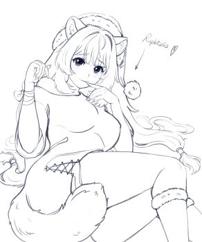 1girl absurdres animal_ear_fluff animal_ears blunt_bangs breasts character_name closed_mouth commentary dress english_commentary fur-trimmed_socks hair_intakes hands_up hat highres kneehighs kotfurkoshka large_breasts light_smile long_hair looking_at_viewer metal_hair_tubes off-shoulder_dress off_shoulder pom_pom_(clothes) raccoon_ears raccoon_girl raccoon_tail raphtalia santa_hat side_slit sketch socks solo straight_hair tail tate_no_yuusha_no_nariagari unfinished