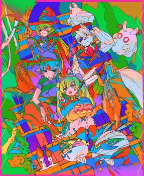 1boy 3girls 3others alexandrina_sebastiane alternate_costume anastella_(zenless_zone_zero) animal_ear_hairband animal_ears animal_hands ascot bandaid bandaid_on_leg bangboo_(zenless_zone_zero) baseball_cap bell black_dress black_hair black_nails blonde_hair blue_sky blush body_fur border bow bowl bowl_of_candy bowtie breasts broom brown_pantyhose butler_(zenless_zone_zero) candle candy cape cat_ear_hairband cat_ears cleavage closed_mouth collared_vest colored_inner_hair colored_tips commentary corin_wickes dress drusilla_(zenless_zone_zero) ellen_joe english_commentary eye_contact eyepatch facial_hair facial_mark fake_animal_ears fins fish_tail food frilled_dress frills furry furry_male ghost ghost_costume gloves green_hair hair_between_eyes hair_ornament hairband halloween halloween_costume hat holding holding_bowl holding_broom holding_candy holding_food holding_lollipop holding_pumpkin jack-o&#039;-lantern large_hat leg_warmers light_smile lollipop long_hair looking_at_another maid mizu_cx mole mole_under_eye multicolored_hair multiple_girls multiple_others mummy_costume mustache neck_bell open_mouth outdoors pantyhose paw_gloves pink_border pocket_watch pumpkin purple_eyes razor_blade_hair_ornament red_ascot red_eyes roller_coaster scar scar_on_tail shark_girl shark_tail shirt shoes short_hair sitting sky tail tree twintails vest von_lycaon watch whisker_markings white_fur white_hair white_shirt white_shoes witch witch_hat wolf_boy wolf_ears wristband zenless_zone_zero