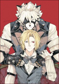 2boys adjusting_another&#039;s_clothes alternate_costume animal_ear_fluff animal_ears behind_another bicep_strap black_gloves blonde_hair body_fur bow bowtie closed_eyes closed_mouth collared_vest colored_tips commentary_request couch ear_piercing fingerless_gloves furry furry_male gloves gold_ring grey_eyes grey_jacket grey_vest hair_between_eyes hand_on_another&#039;s_arm heterochromia highres hugo_vlad implied_yaoi jacket jewelry ki954115 light_smile looking_at_viewer mole mole_under_eye multicolored_hair multiple_boys multiple_rings muzzle_(mask) on_couch piercing pointy_ears red_background red_eyes ring shirt sitting sleeveless sleeveless_jacket sleeves_rolled_up smile twitter_username upper_body vest von_lycaon white_fur white_gloves white_hair white_shirt wolf_boy wolf_ears zenless_zone_zero