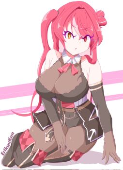 Rule 34 | 1girl, black bodysuit, black boots, black gloves, black leotard, bodysuit, boots, breasts, cleavage, commentary, english commentary, erikuukun, gloves, heterochromia, highres, hololive, houshou marine, houshou marine (marching band), large breasts, leotard, looking at viewer, multicolored hair, official alternate costume, pink streaks, red eyes, red hair, solo, streaked hair, thigh boots, virtual youtuber, yellow eyes