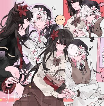 ... 2girls absurdres artist_request bag beret black_hair black_hat black_ribbon black_shirt brown_skirt brown_vest center_frills chinese_commentary closed_mouth commentary_request commission flower frills gradient_hair hair_flower hair_ornament hand_on_another's_face hat highres holding_hands long_hair long_sleeves looking_at_another mahou_shoujo_no_majo_saiban multicolored_hair multiple_girls multiple_views neck_ribbon nikaido_hiro o-ring o-ring_thigh_strap official_alternate_costume pink_eyes red_eyes red_flower ribbon sakuraba_ema second-party_source ship_name shirt short_hair sitting skirt sleeping sleeping_on_person spoilers spoken_ellipsis thigh_strap treasure_cafe vest white_flower white_hair white_shirt witch_(manosaba) x_hair_ornament