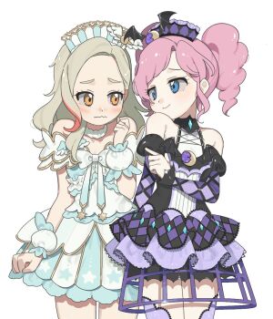 2girls aikatsu! aikatsu!_(series) aikatsu!_x_pripara_the_movie_-deai_no_kiseki!- amahane_madoka bare_shoulders blue_eyes blush closed_mouth commentary_request cosplay cowboy_shot crescent crinoline detached_sleeves dress kurosawa_rin kurosu_aroma kurosu_aroma_(cosplay) long_hair looking_at_another multiple_girls pink_hair pretty_series pripara purple_dress ribbon shiratama_mikan shiratama_mikan_(cosplay) short_dress shy simple_background smile standing twintails wavy_mouth white_background white_dress white_ribbon wrist_cuffs yunomikuchi