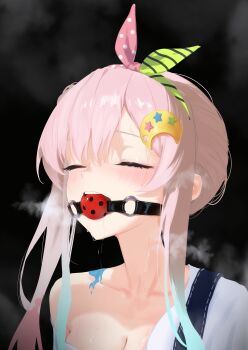 1girl absurdres airani_iofifteen airani_iofifteen_(1st_costume) ball_gag ball_gag_progress_bar_(meme) black_background blue_hair blue_overalls blush bow_hairband breasts breath cleavage closed_eyes cohi27151463 gag gradient_hair green_hairband hairband highres hololive hololive_indonesia large_breasts long_hair long_sidelocks meme multicolored_hair multicolored_hairband overalls paint_on_body palette_hair_ornament pink_hair pink_hairband side_ponytail sidelocks simple_background single_off_shoulder solo sweater two-tone_hairband virtual_youtuber white_sweater