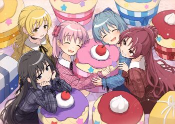 5girls :d ^_^ akemi_homura asukaru_(magika_ru) black_hair black_ribbon black_shirt blonde_hair blue_bow blue_hair blue_shirt blush bow cherry closed_eyes closed_mouth cupcake food fruit grey_eyes grin hair_bow hashtag-only_commentary head_rest highres hugging_object kaname_madoka long_hair long_sleeves mahou_shoujo_madoka_magica mahou_shoujo_madoka_magica_(anime) miki_sayaka multiple_girls neck_ribbon open_mouth pink_hair pink_shirt plaid_clothes plaid_shirt red_bow red_eyes red_hair red_shirt ribbon sakura_kyoko shirt short_hair sleeve_ribbon smile tomoe_mami upper_body yellow_eyes yellow_shirt