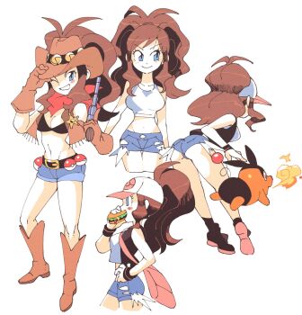 1girl ass bag bandana baseball_cap belt belt_buckle bikini bikini_top_only blouse blue_eyes blush_stickers boots brown_hair buckle burger cowboy_boots cowboy_hat cowboy_shot denim eating fire food from_behind full_body gen_5_pokemon gloves gun hand_on_own_hip handbag handgun hat high_ponytail highres hilda_(pokemon) holding holding_gun holding_weapon inkerton-kun jeans leaning_forward long_hair midriff multiple_views narrow_waist navel nintendo one_eye_closed pants poke_ball pokemon pokemon_(creature) pokemon_bw ponytail revolver sandwich sheriff_badge shirt shorts simple_background swimsuit tepig torn_clothes torn_legwear vest weapon white_background white_shirt wink wristband
