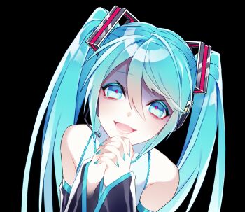 1055 1girl aqua_eyes aqua_hair aqua_nails aqua_necktie black_sleeves commentary_request detached_sleeves false_smile hatsune_miku headset highres interlocked_fingers nail_polish necktie own_hands_clasped own_hands_together shaded_face smile solo twintails upper_body vocaloid