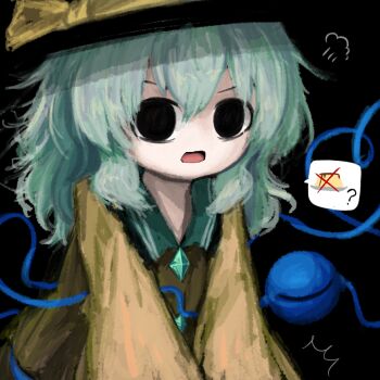Rule 34 | 1girl, black background, black eyes, black hat, bow, buttons, collared shirt, commentary request, contrast collar, diamond button, empty eyes, eyeball, food, frilled shirt collar, frills, green hair, hat, hat bow, heart, heart of string, heripantomorrow, komeiji koishi, long hair, looking at viewer, open mouth, pudding, puff of air, shirt, simple background, solo, spoken food, third eye, touhou, yellow bow, yellow shirt
