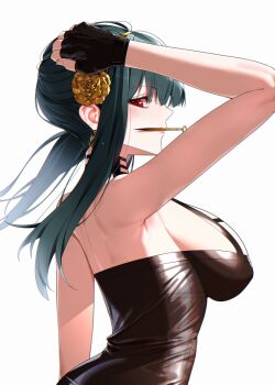 1girl arm_up black_dress black_gloves black_hair breasts dagger dress fingerless_gloves gloves gold_hairband hairband knife large_breasts mouth_hold red_eyes simple_background solo spy_x_family stiletto_(weapon) tamamoice weapon white_background yor_briar