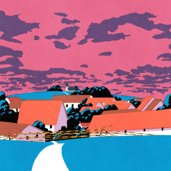 building bush caution_tape church cloud cloudy_sky evening highres house iida_kento no_humans original outdoors path pink_sky road sky